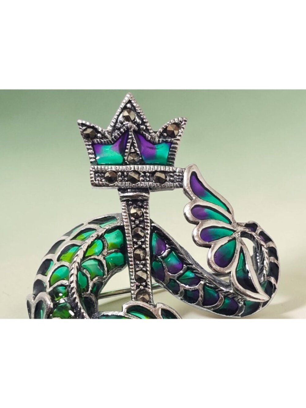 925 Brooch Pendant Plique-à-Jour Enamel DRAGON Marcasite and Ruby Eyes - Picture 4 of 8